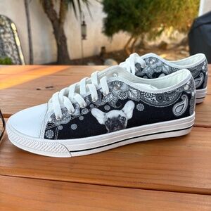 NWB Frenchie Dog Canvas Sneakers with Paisley, Black and White Size 9 Women's